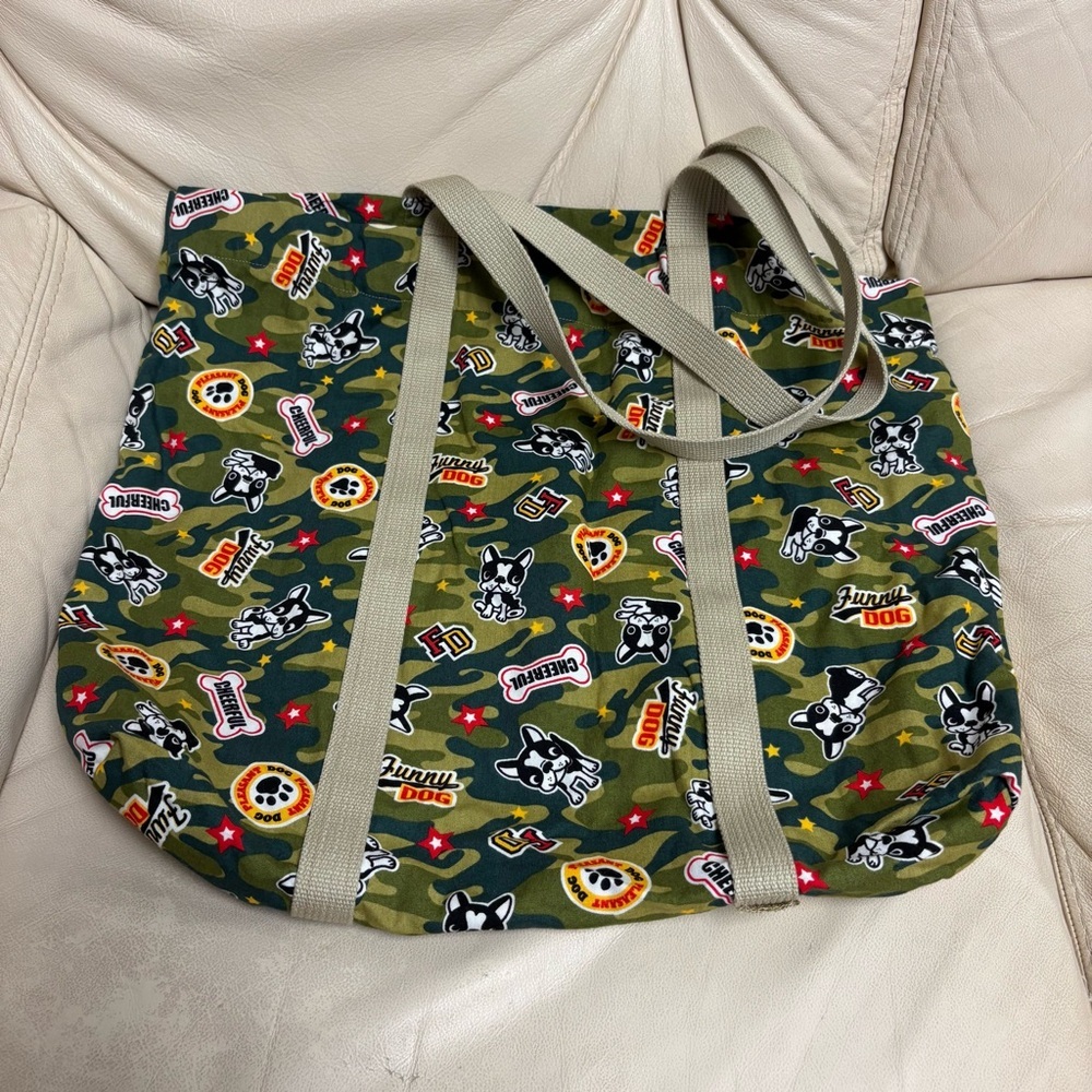 Handmade FRENCH BULLDOG Camouflauge Tote Bag Green Brown Handles Frenchie